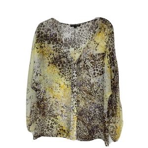 Randy Kemper Women Yellow Button Front Long Sleeve 100% Silk V Neck Blouse Sz 10